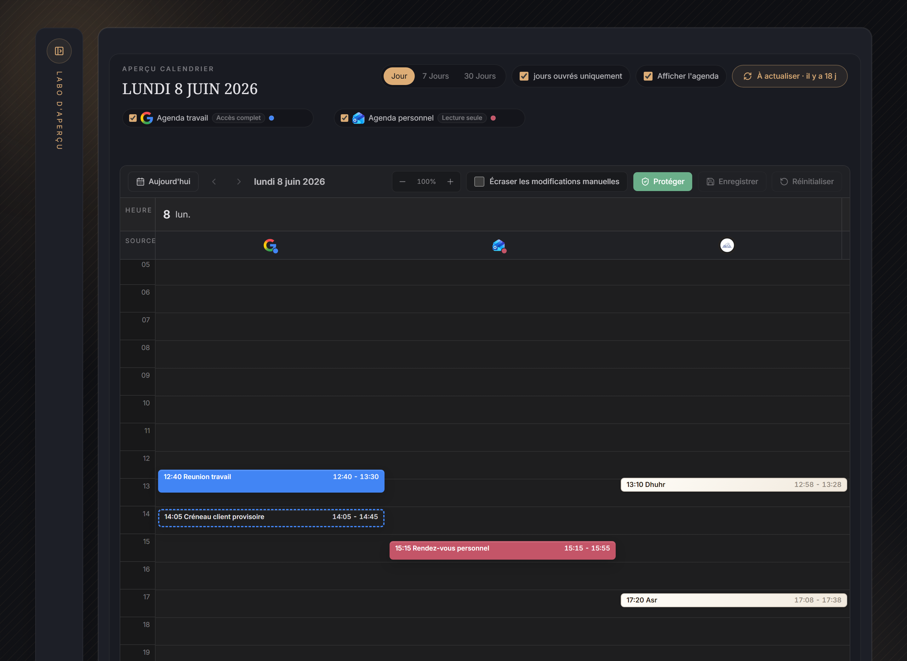 Vue Jour de l'espace de travail avant protection, avec Dhuhr qui chevauche une réunion visible de l'agenda Work et une réservation provisoire contourée à proximité