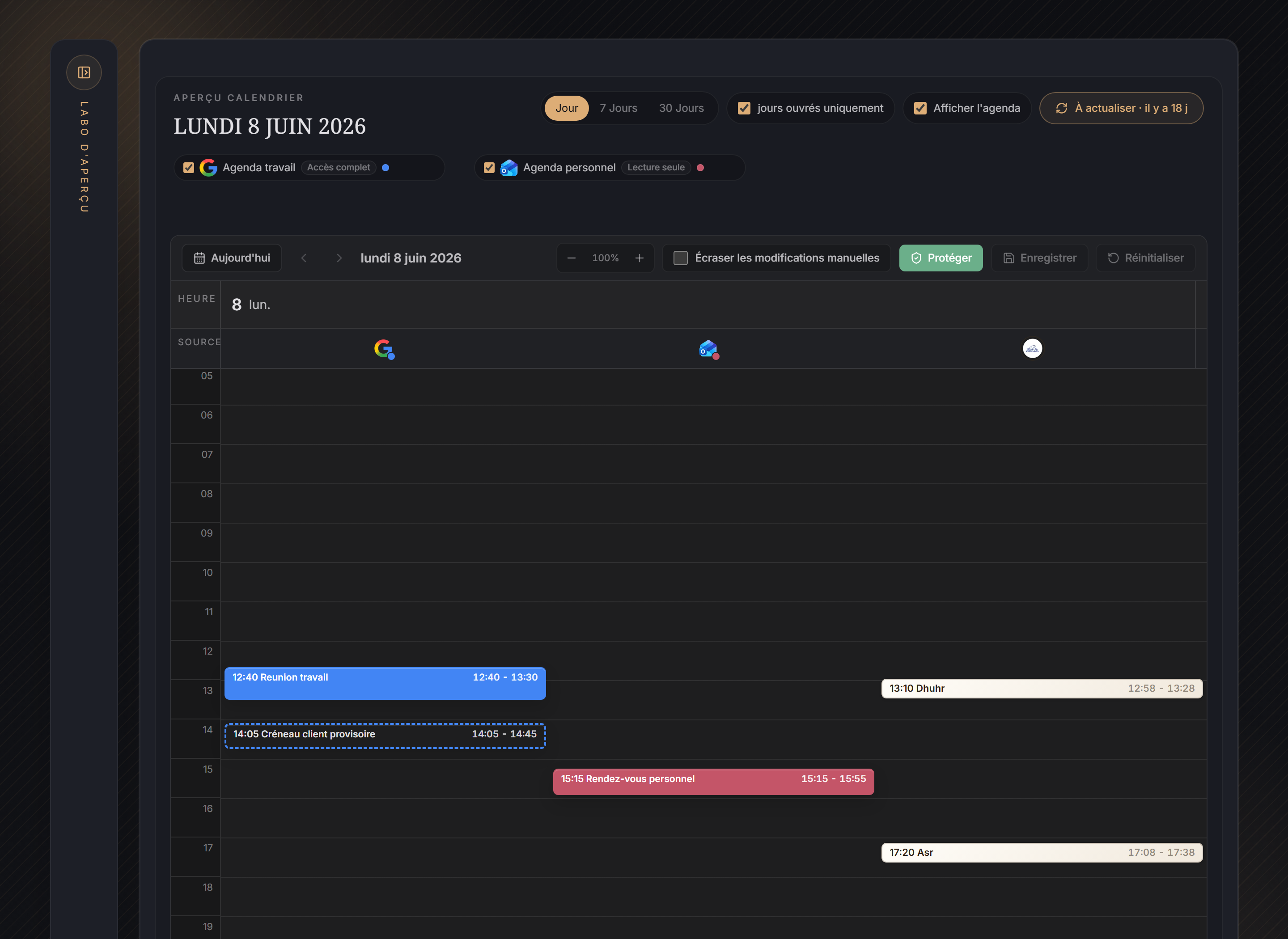 Vue Jour de l'espace de travail montrant le bouton Protéger dans la barre d'outils calendrier
