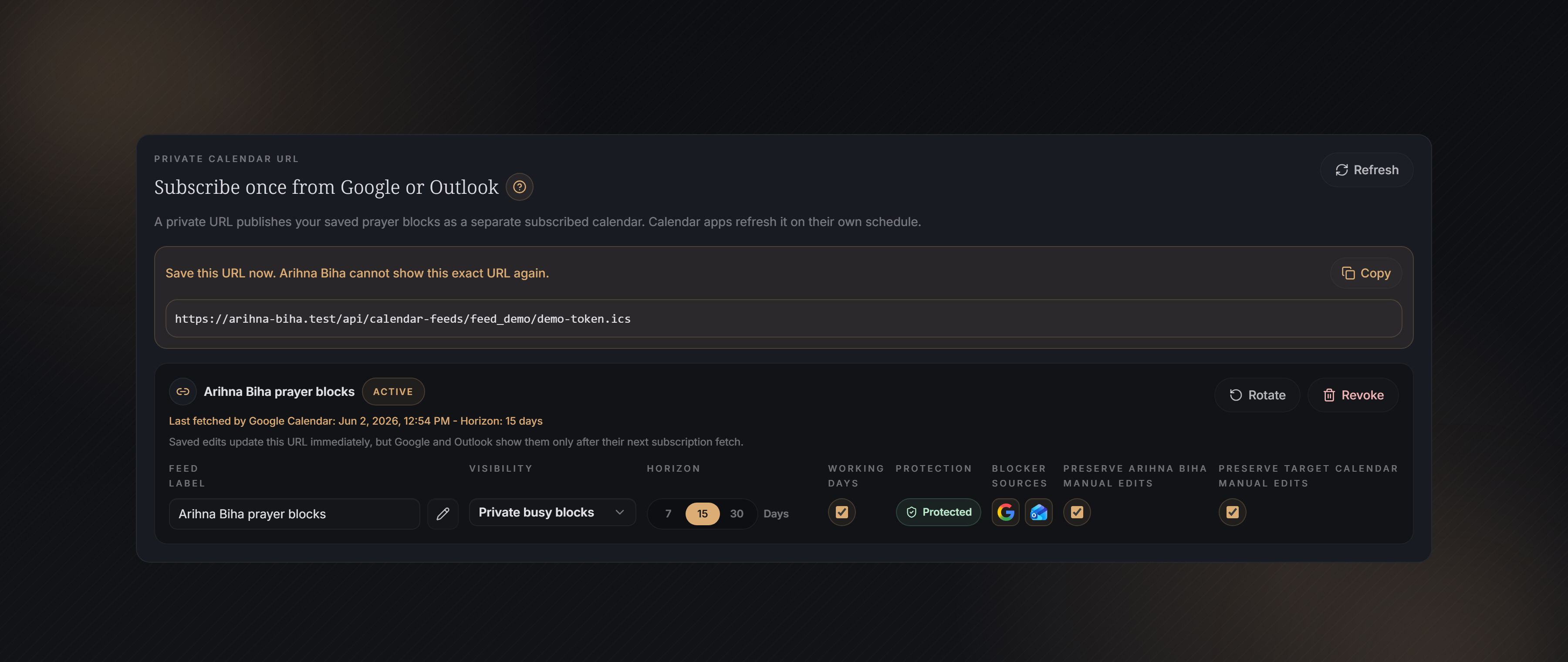 In-app Help Center screenshot showing a protected private feed URL with enabled state, blocker sources, manual edit preservation, horizon, visibility, rotate, and revoke controls