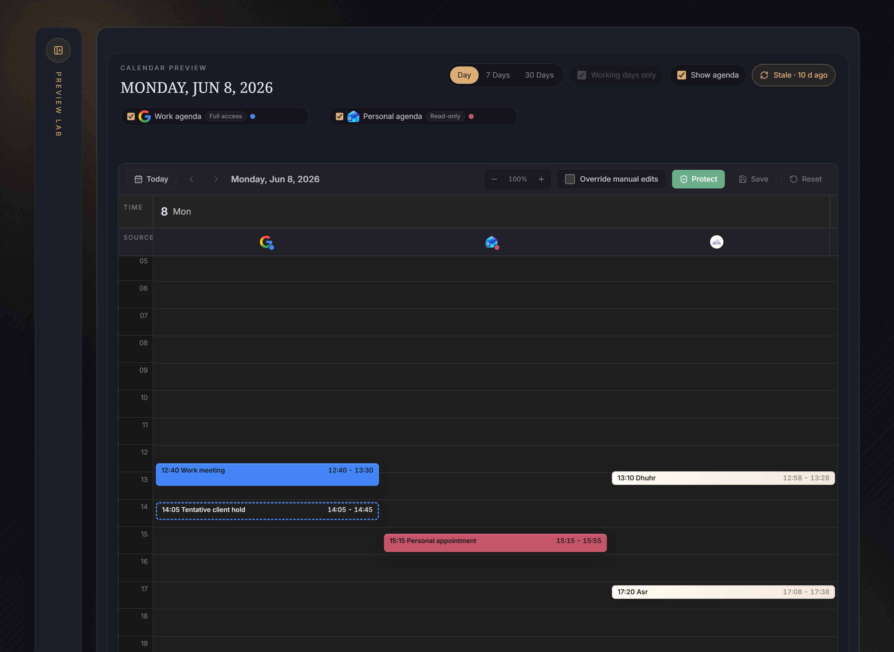 Workspace Day view showing the Protect button in the calendar toolbar
