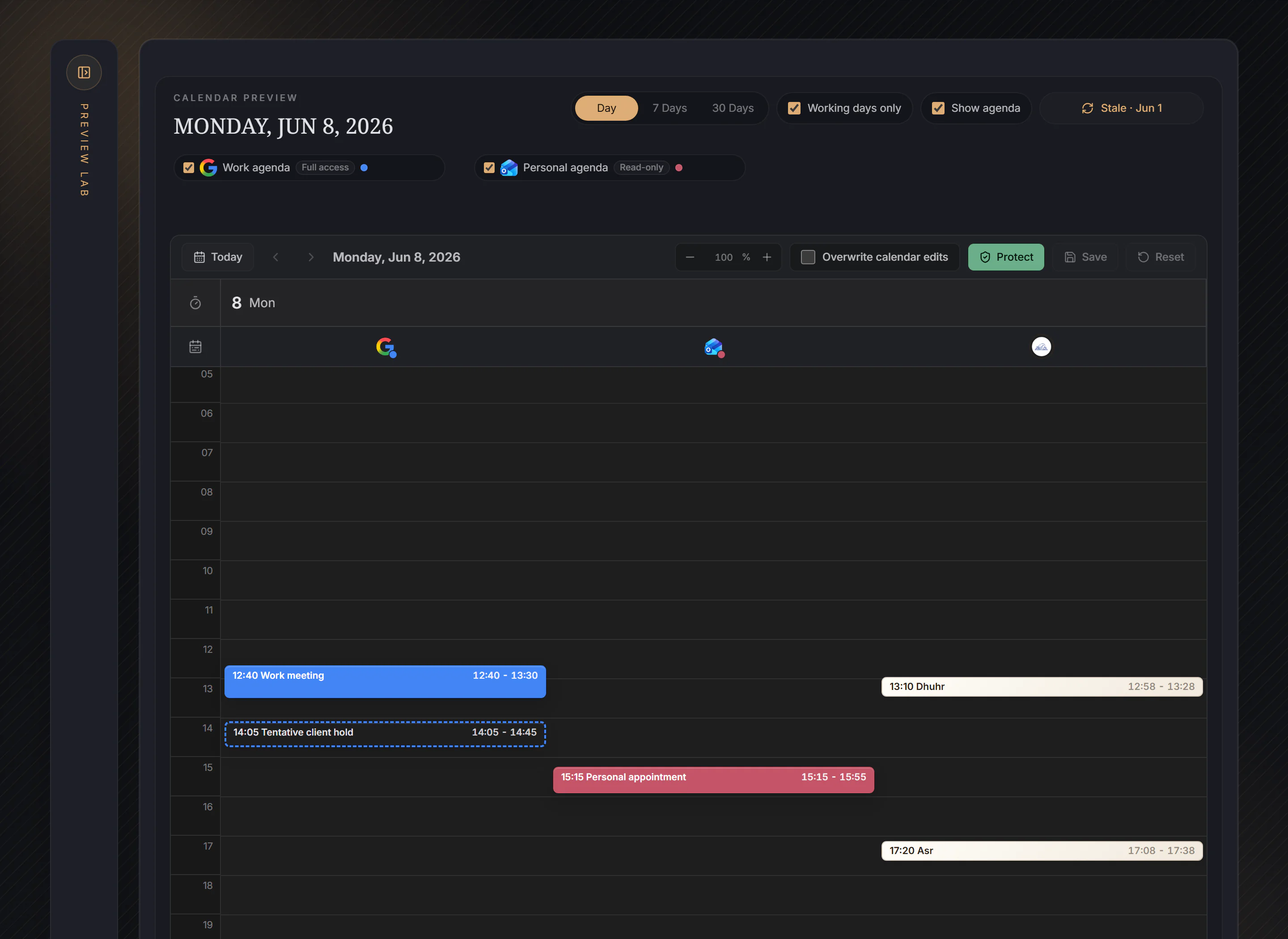 Workspace Day view showing the Protect button in the calendar toolbar