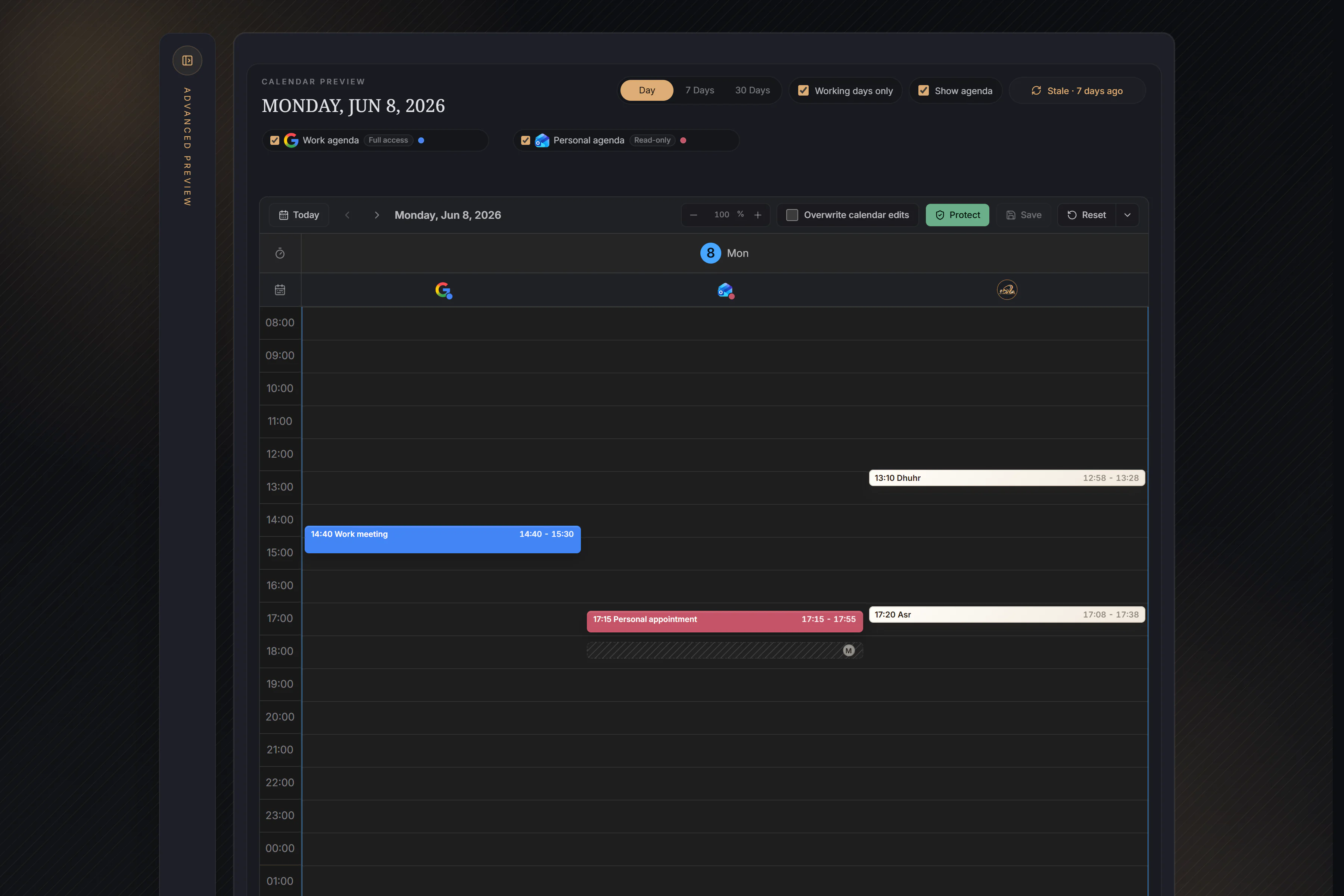Workspace in dark theme showing Day, 7 Days, 30 Days, Working days only, Agenda Source chips, freshness, Prayer Blocks, and actions