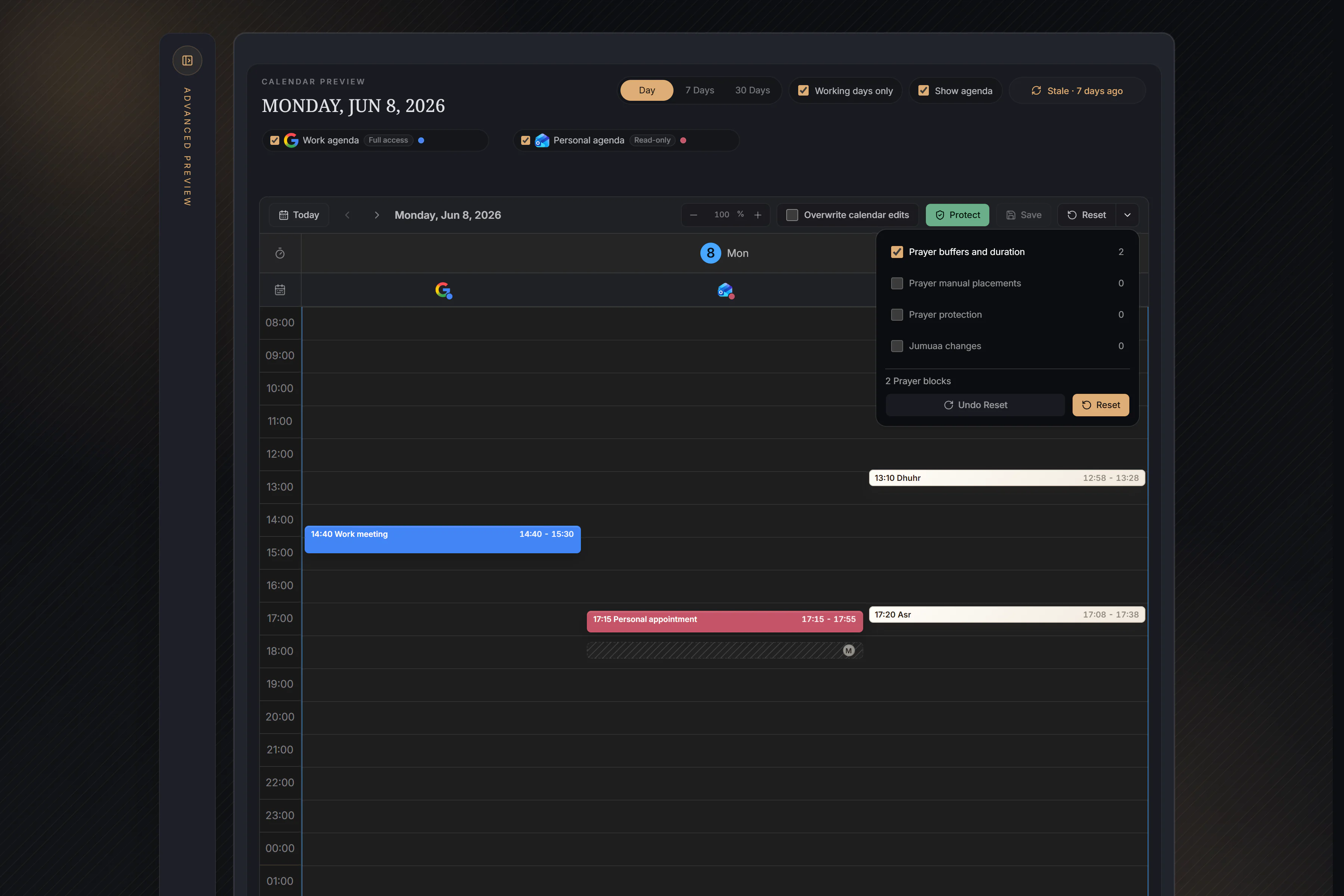 Workspace in dark theme with the Reset menu open and prayer buffers, manual placement, protection, and Jumuaa scopes visible